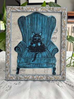 Original Art Blue Cat is a linocut print, frame is 9”x 11” one of a kind piece
